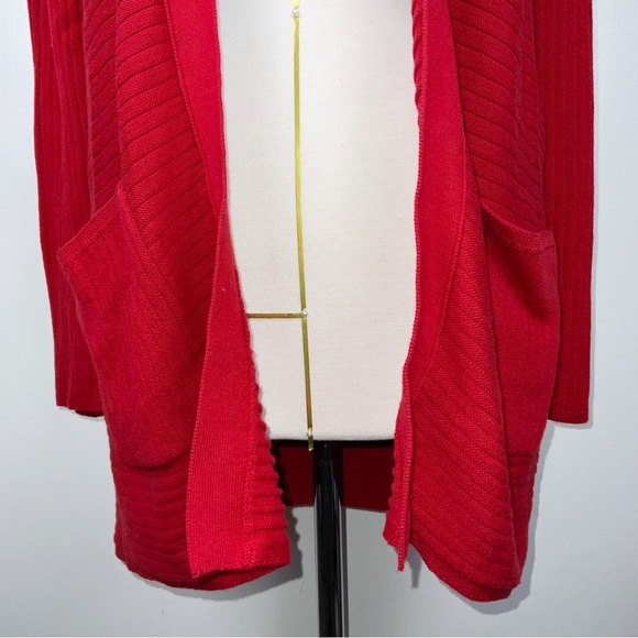 J Jill Red Knit Ribbed Open Front Long Cardigan Small Pockets | Size XS - Picture 6 of 6
